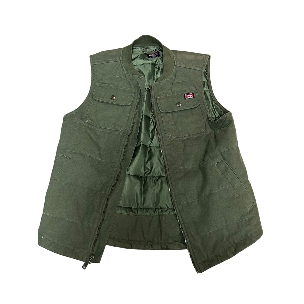 Wrangler Workwear Mens Medium Green Quilted Canvas Utility Zip Up Vest Jacket